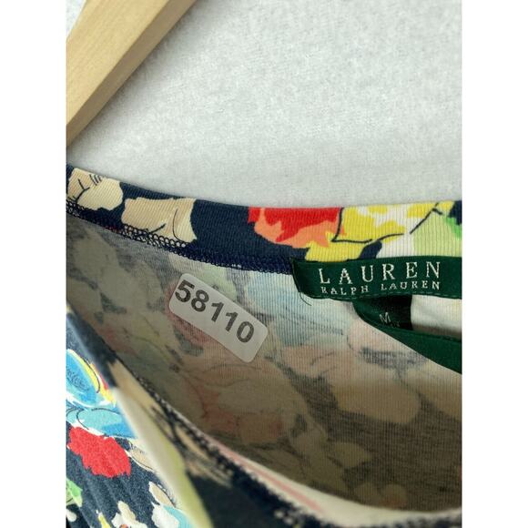 LAUREN RALPH LAUREN Top M Ribbed Floral Boat Neck Cuffed Sleeve Blue - Picture 12 of 12